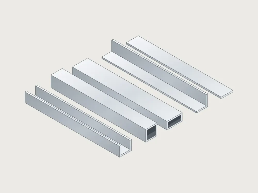 Aluminium flat bar, angle, rectangular tube, square tube and channel (illustration)