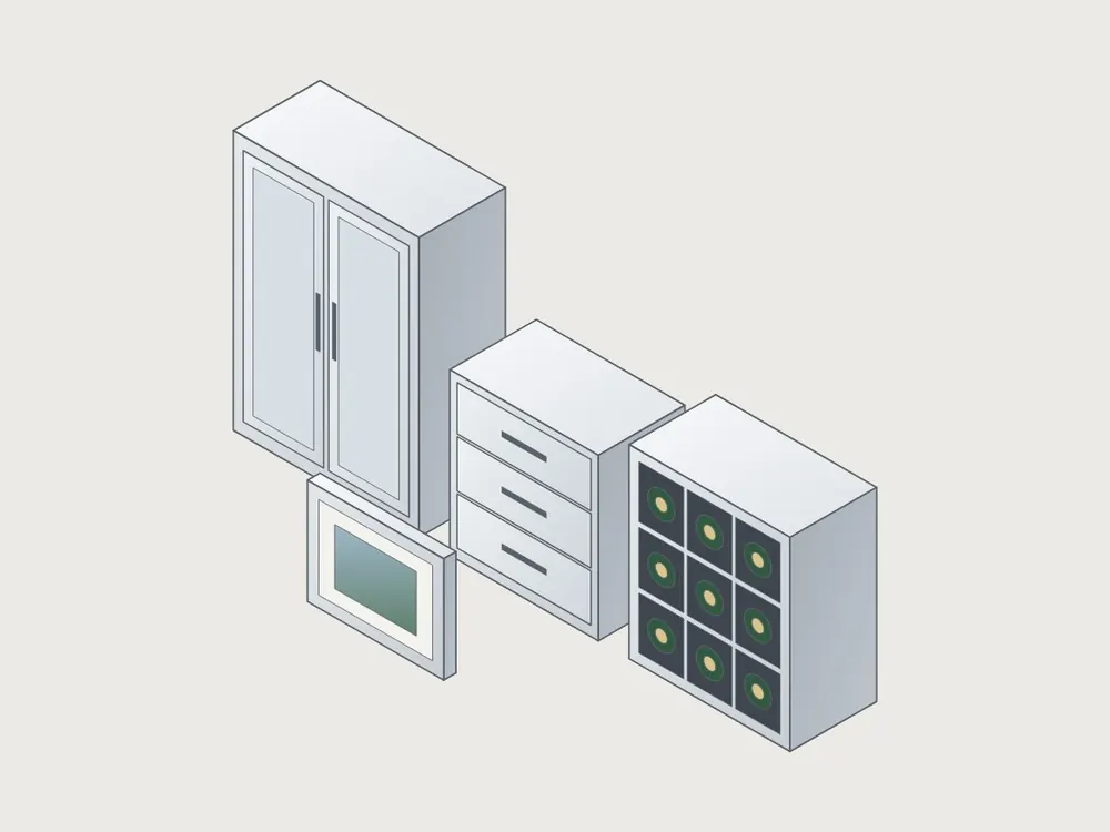 Aluminium cabinet, drawers, wine rack and photo frame (illustration)